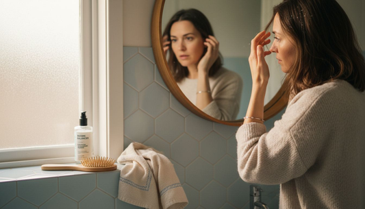 Woman checking scalp for natural dandruff