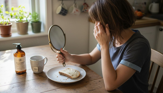Woman checking scalp in kitchen mirror