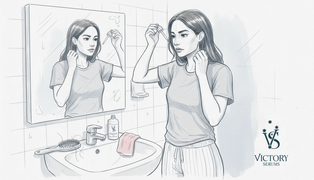 Woman applies scalp serum for oily dandruff relief