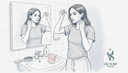 Woman applies scalp serum for oily dandruff relief
