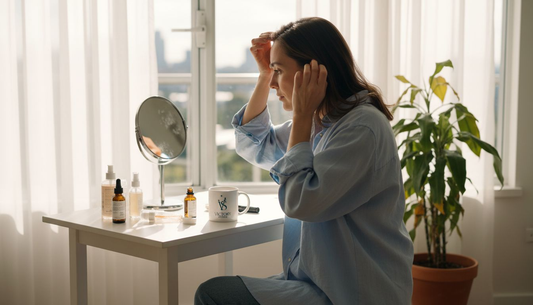 Applying scalp serum at vanity table