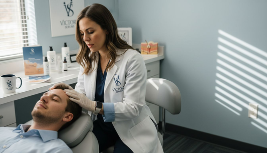 Dermatologist examining patient’s scalp for dandruff