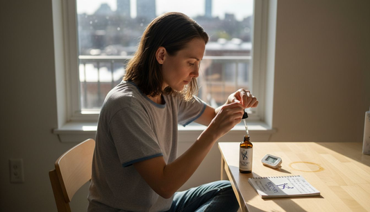 Woman applying scalp serum in urban apartment