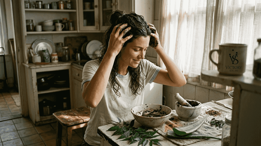 Woman applies herbal scalp treatment in kitchen