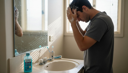 Man applying dandruff shampoo at bathroom sink