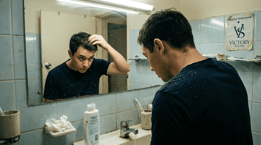 Man inspecting dandruff flakes in bathroom mirror