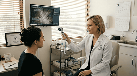 Dermatologist consulting patient about scalp health