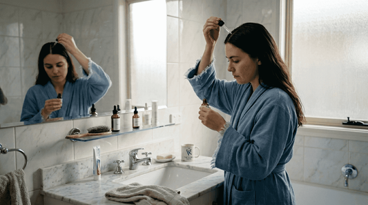 Woman applying scalp serum in bathroom
