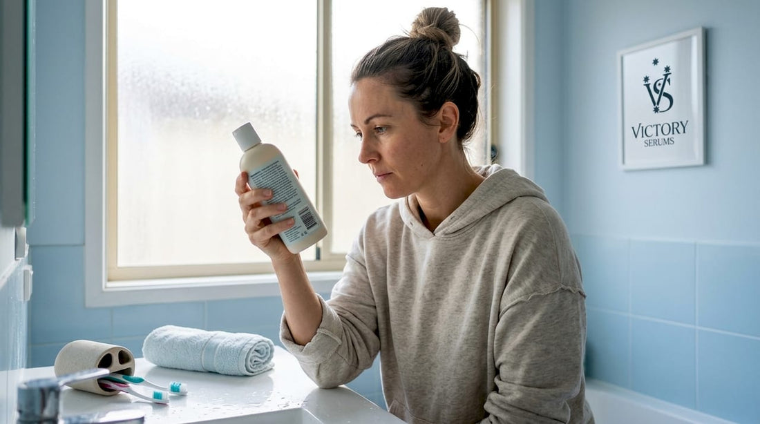 Woman checking shampoo label for dry scalp
