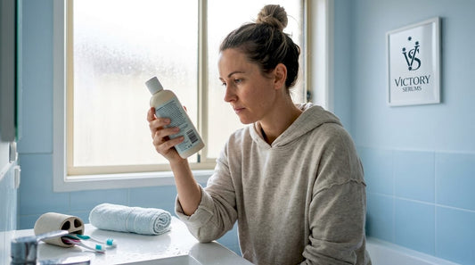 Woman checking shampoo label for dry scalp