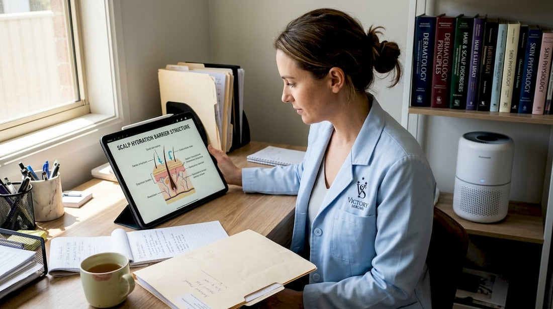 Dermatologist reviewing scalp hydration diagram