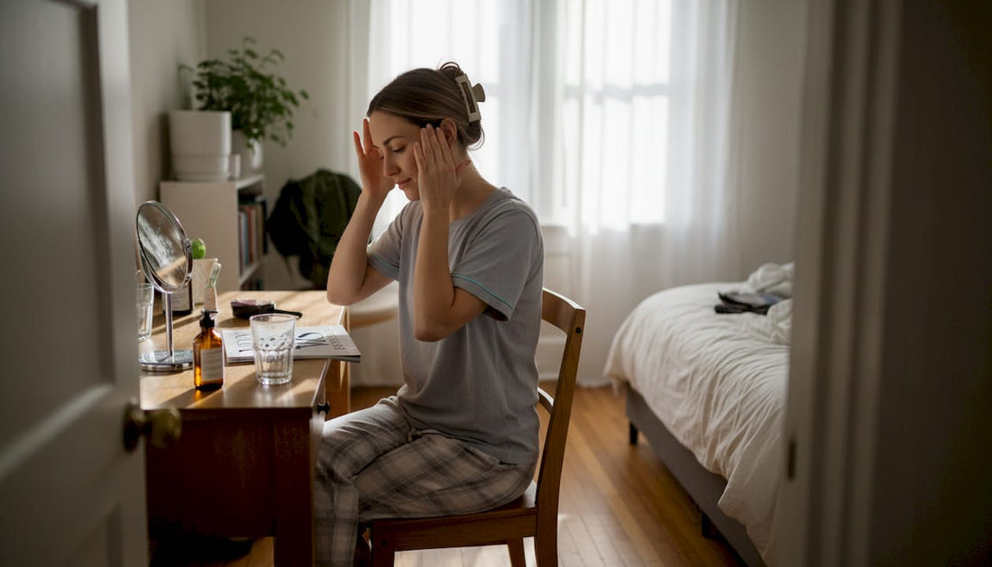 Woman performing scalp care at bedroom vanity