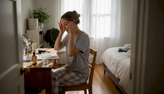 Woman performing scalp care at bedroom vanity