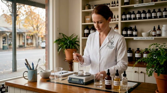 Pharmacist carefully measuring serum ingredients