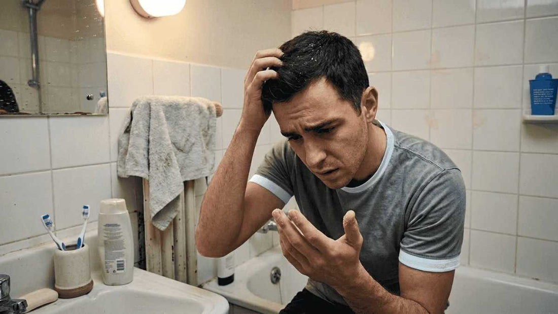 Man examining dandruff flakes on oily scalp