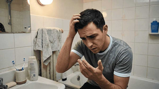 Man examining dandruff flakes on oily scalp