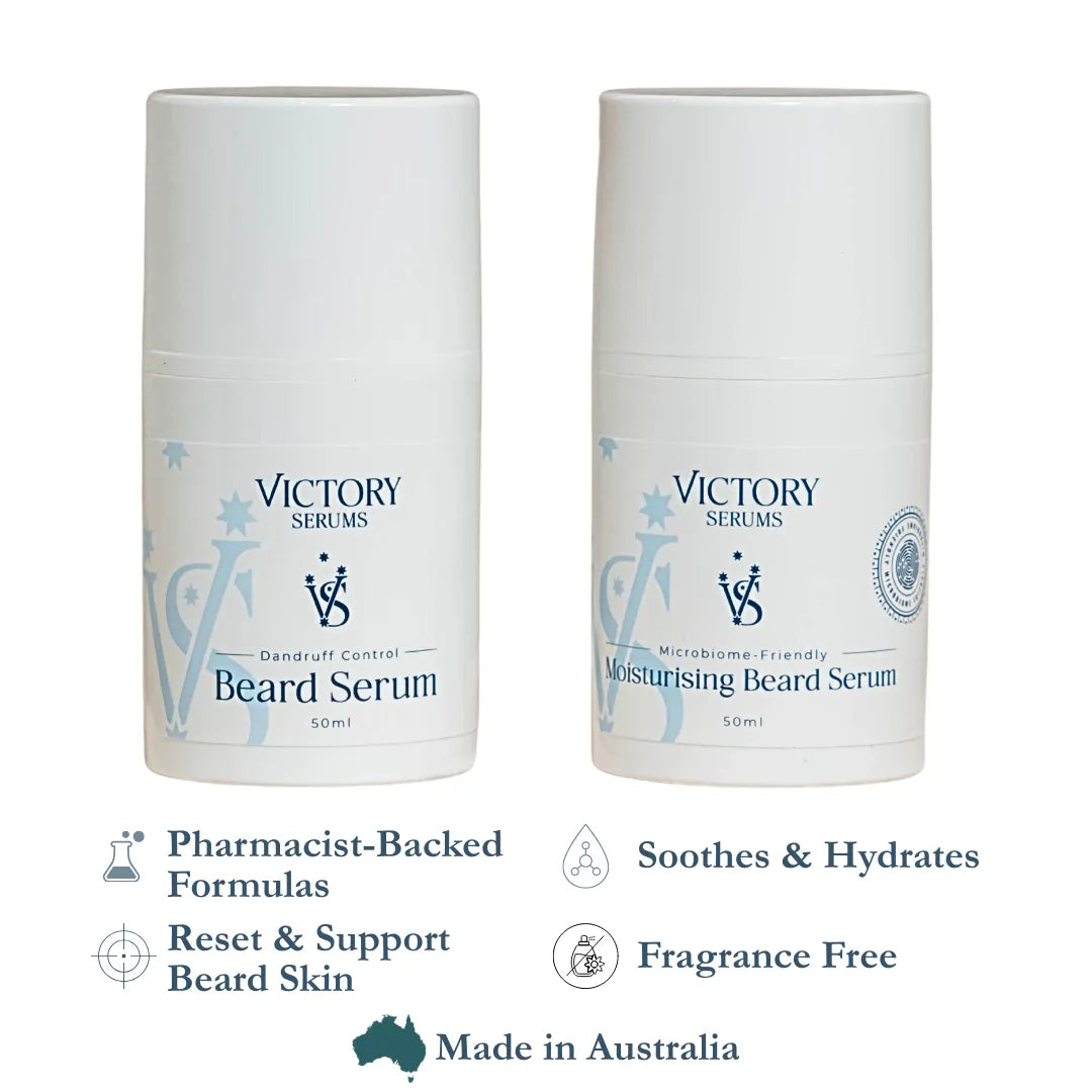 Two bottles of Victory Serums beard serum on a white background with product details.
