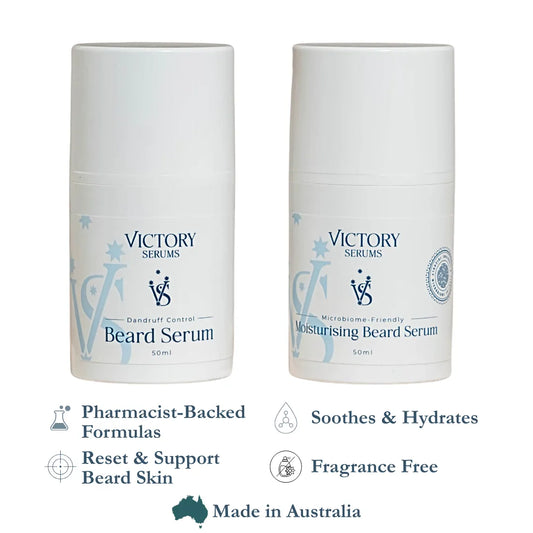 Two bottles of Victory Serums beard serum on a white background with product details.
