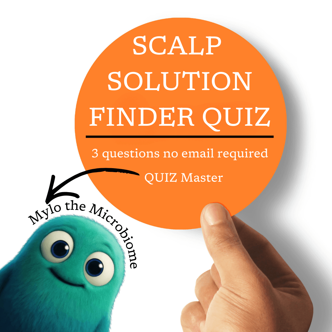 Hand pressing an orange button labeled 'Scalp Solution Finder Quiz' with a teal character named Mylo the Microbiome.