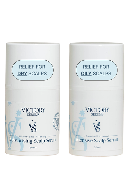 Victory Serums two scalp serums: Moisturising Scalp Serum for dry scalps and Intensive Scalp Serum for oily scalps