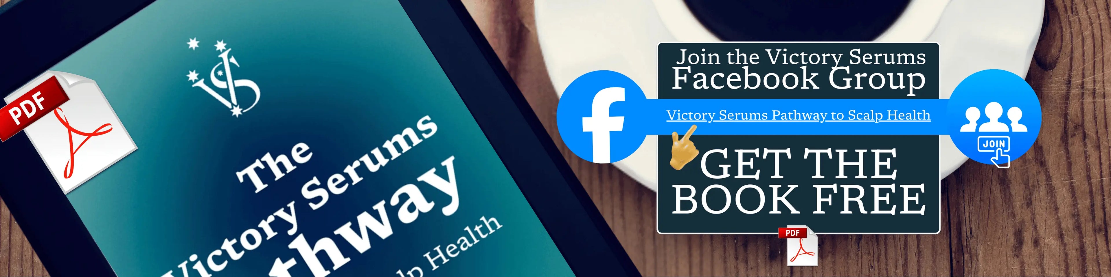 Promotional banner for 'The Victory Serums Pathway' book with a call to action to join a Facebook group and get the book free.
