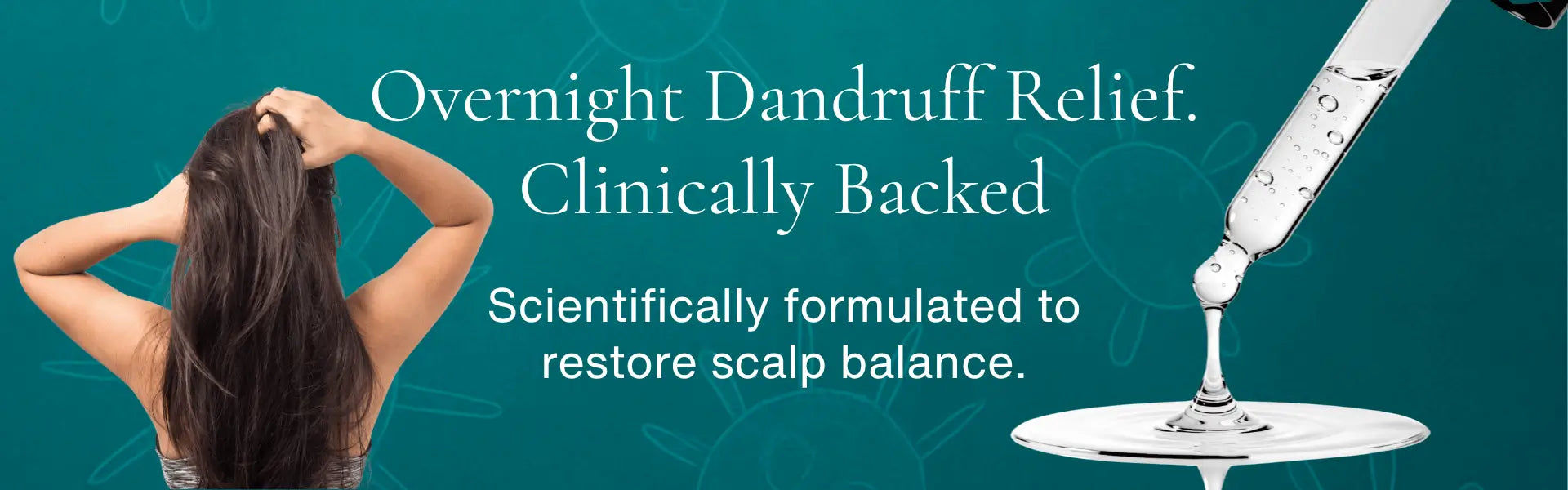Advertisement for overnight dandruff relief with a woman scratching her scalp and a dropper bottle on a teal background.
